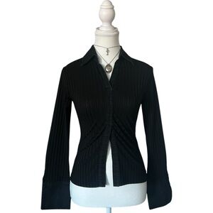 Y2K “Fairweather” Black Ribbed Long Sleeve Blouse Top